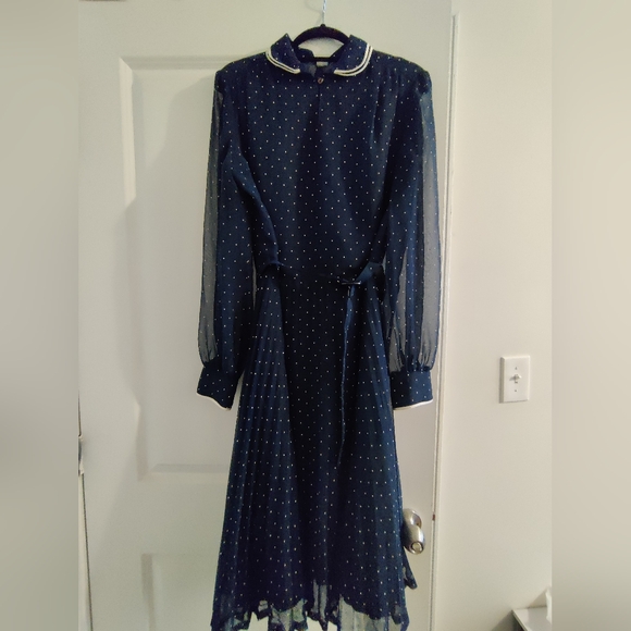 Vintage navy blue dress white polkadots - Picture 1 of 6